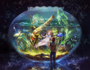 Картинка аниме unknown +другое nagi no asukara звездное небо двое аквариум пузырьки рыбки водоросли manaka mukaido hikari sakishima
