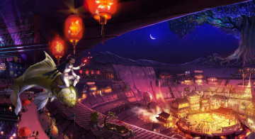 Картинка аниме животные +существа месяц рыба водопад люди город ночь седло фонари площадь цирк большое дерево водяная мельница арена двочка