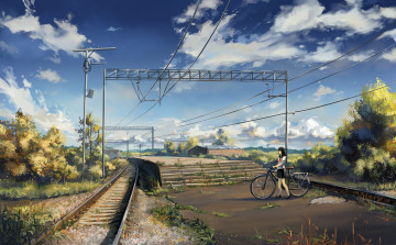 Картинка аниме город +улицы +здания art naoki yukira кусты платформа школьница ступени железная дорога