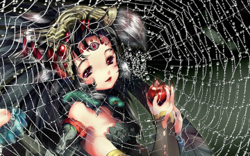 Картинка аниме животные +существа яблоко лицо капли длинные волосы когти девочка руки паутина spider girl третий глаз