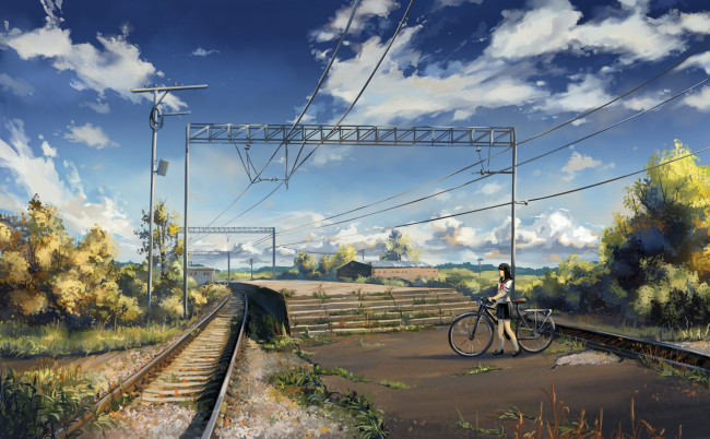 Обои картинки фото аниме, город,  улицы,  здания, art, naoki, yukira, кусты, платформа, школьница, ступени, железная, дорога