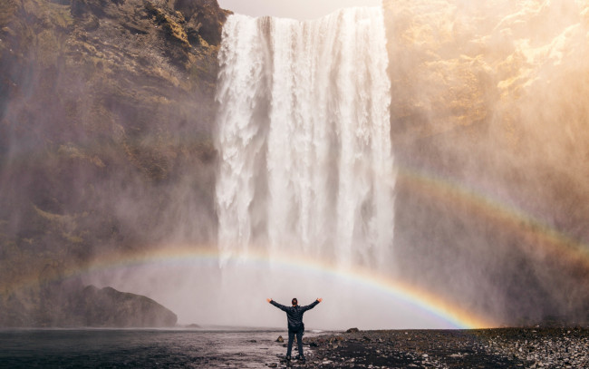 Обои картинки фото природа, водопады, водопад, спектр, радуга, скала