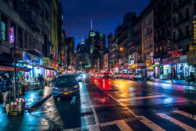 Обои картинки фото города, нью-йорк , сша, огни, ночь, чайнатаун, manhatten, new-york, манхеттен, движение, улица, здание, нью-йорк