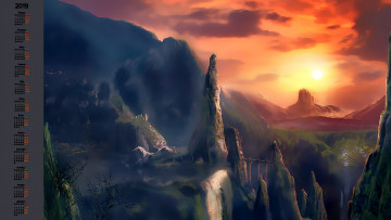 Картинка календари фэнтези гора камни скала водопад закат