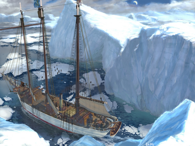 Обои картинки фото корабли, рисованные, парусник, айсберги