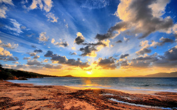 обоя sunset, природа, восходы, закаты, облака, пляж, закат, океан