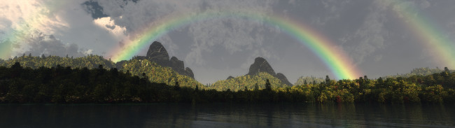 Обои картинки фото радуга, 3д, графика, nature, landscape, природа, лес, горы, озеро