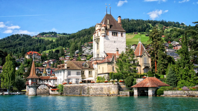 Обои картинки фото oberhofen castle  lake thun, города, - дворцы,  замки,  крепости, озеро, швейцария, lake, thun, oberhofen, castle, замок