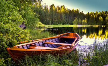 Картинка корабли лодки +шлюпки лес лодка река