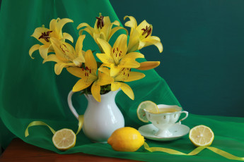 Картинка еда натюрморт желтый лилии чай лимон