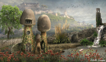 Картинка фэнтези фотоарт цветы пейзаж грибы домики водопад