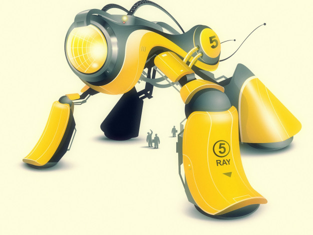 Обои картинки фото фэнтези, роботы,  киборги,  механизмы, робот, желтый, люди