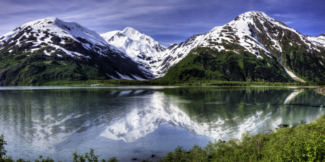 Обои картинки фото природа, реки, озера, alaska, аляска, отражение, горы, ледник, портедж, озеро