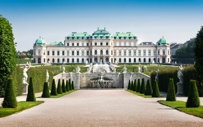 Обои картинки фото города, - дворцы,  замки,  крепости, газон, vienna, скульптуры, австрия, дизайн, дворец, фонтаны, кусты, деревья