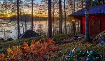 Картинка природа реки озера озеро дом закат фонарь лес осень