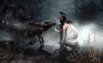 Картинка фэнтези красавицы+и+чудовища девушка ворон волк озеро лес