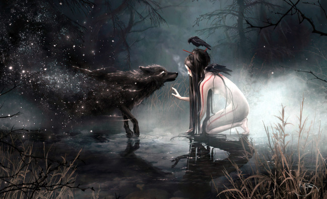 Обои картинки фото фэнтези, красавицы и чудовища, девушка, ворон, волк, озеро, лес