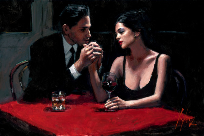 Обои картинки фото рисованное, fabian perez, мужчина, женщина, пара, свидание, стол, бокалы