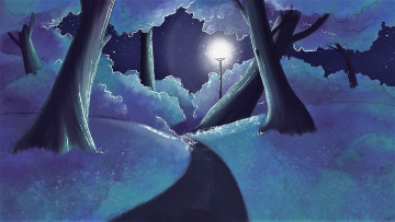 обоя рисованное, природа, лес, дорожка, ночь, фонарь