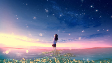 Картинка аниме пейзажи +природа девушка небо звезды цветы