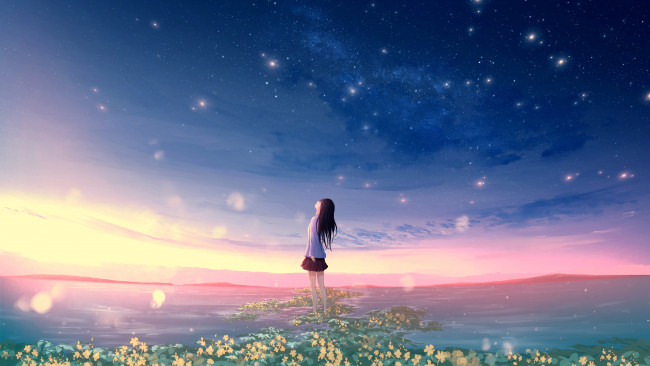 Обои картинки фото аниме, пейзажи,  природа, девушка, небо, звезды, цветы