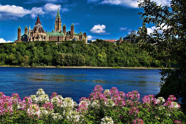 Обои картинки фото оттава, канада, города, шпили, здание, река, цветы