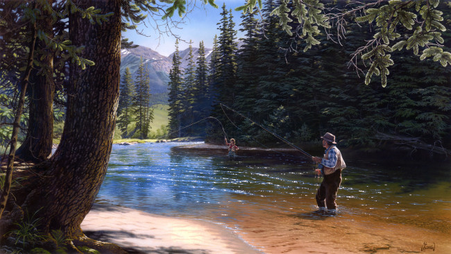 Обои картинки фото time, well, spent, рисованные, al, agnew, река, рыбалка, ель