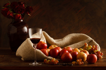 Картинка еда натюрморт яблоки виноград вино