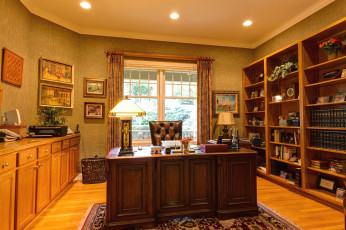 Картинка интерьер кабинет библиотека офис кресло стол книги