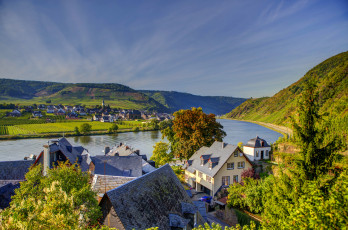 Картинка германия байльштайн города пейзажи набережная река дома панорама горы деревья