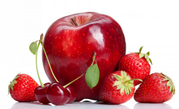 Картинка еда фрукты ягоды вишни клубника яблоко