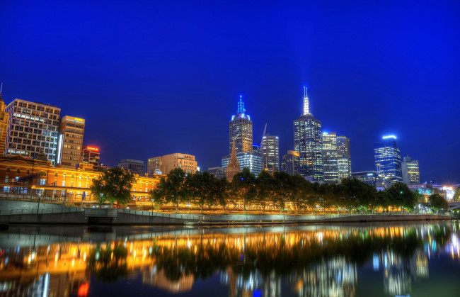 Обои картинки фото мельбурн, австралия, города, огни, ночного, река, ночь, дома