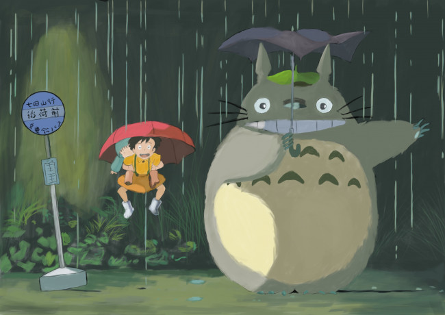 Обои картинки фото tonari, no, totoro, аниме, *unknown, другое, остановка, дождь, зонты