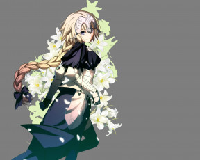 Картинка аниме fate stay+night девушка русая коса доспехи цветы серый фон