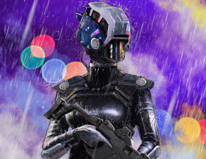 Картинка фэнтези роботы +киборги +механизмы фантастика sci-fi арт броня шлем оружие дождь огоньки