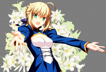 Картинка аниме fate stay+night девушка блондинка цветы серый фон