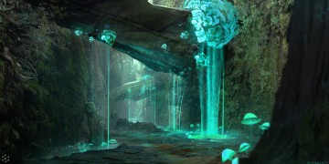 Картинка фэнтези иные+миры +иные+времена sci-fi art грибы ущелье сияние вода водопад