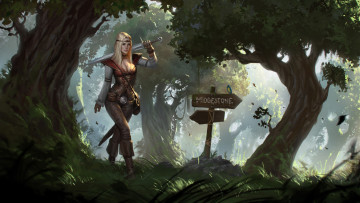 Картинка фэнтези девушки арт девушка оружие меч деревья лес стрелки указатели