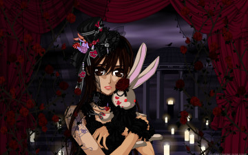 Картинка аниме vampire+knight cilou yuuki cross девушка кролик игрушки паутина шляпка шторы розы ветки свечи беседка ворон