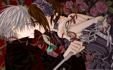 Картинка аниме vampire+knight cilou yuuki cross kiryu zero девушка мужчина шпага розы маска ленты бант платье костюм