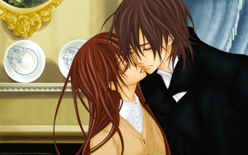 Картинка аниме vampire+knight yuuki cross kuran kaname девушка мужчина поцелуй комната шторы тарелки картина matsuri hino