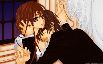 Картинка аниме vampire+knight yuuki cross kuran kaname девушка мужчина комната окно занавески кровь