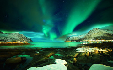 обоя природа, северное сияние, снег, звезды, камни, ночь, норвегия, лофотенские, острова, norway, море, горы, lofoten, islands, северное, сияние