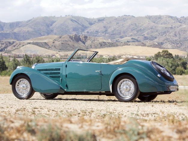 Обои картинки фото автомобили, bugatti, 57597, gangloff, cabriolet, stelvio, зеленый, 57c, type, 1938г