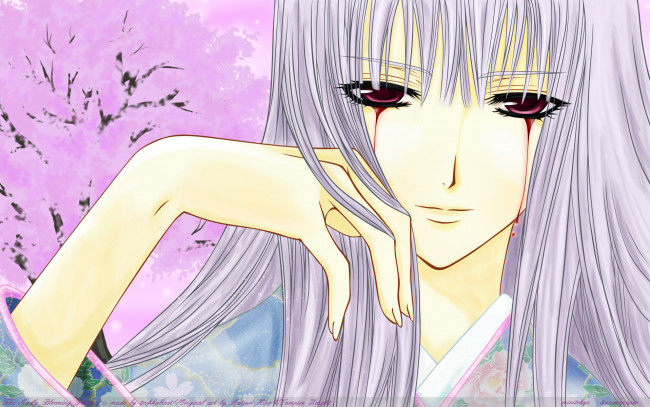 Обои картинки фото аниме, vampire knight, hiou, shizuka, девушка, кимоно, кровь, сакура, деревья