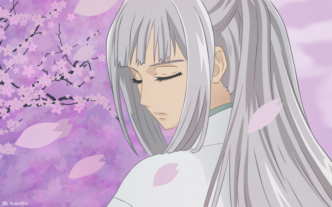 Обои картинки фото аниме, vampire knight, hiou, shizuka, девушка, кимоно, сакура, деревья, цветы, лепестки
