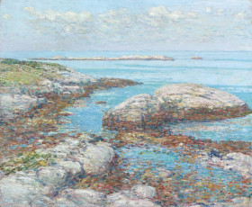 обоя rocks at the appledore morning, рисованное, frederick childe hassam, небо, облака, море, камни, берег