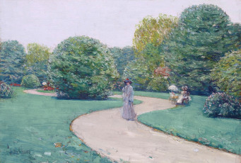 обоя park monceau paris, рисованное, frederick childe hassam, дама, дорожка, трава, кусты, деревья, парк