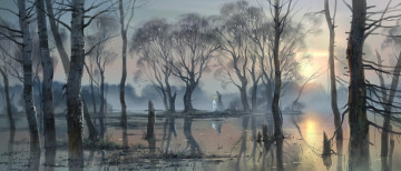 Картинка рисованное природа деревья пейзаж арт река лес русь половодье россия вода