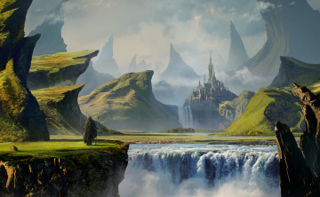 Картинка фэнтези фотоарт замок горы водопад пилигрим странник